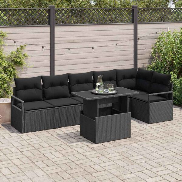 vidaXL Set de canapele pentru grădină cu pernă 7 pcs Negru Rattan poli