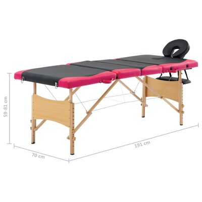 vidaXL Masă pliabilă de masaj, 4 zone, negru și roz, lemn