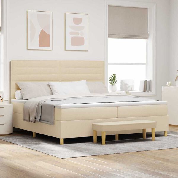 vidaXL Pat cu arcuri cu saltea cu headboard Crem 200 x 200 cm țesătură