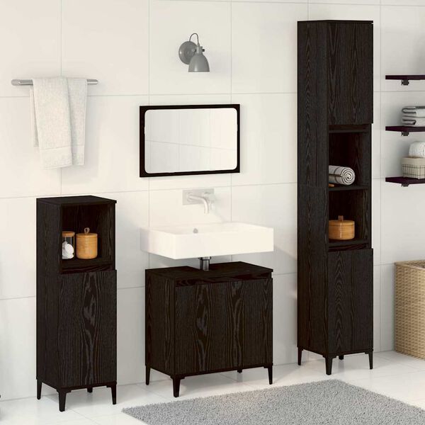 vidaXL Set de mobilier pentru baie Pe perete cu ușă 3 pcs Stejar Negru