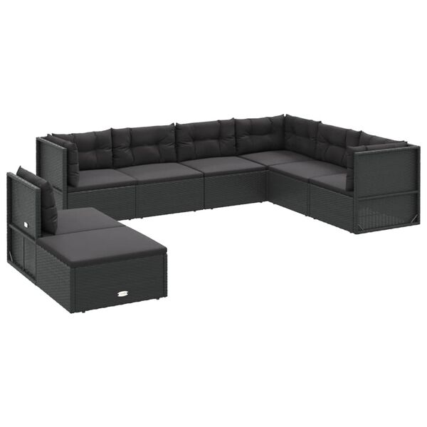vidaXL Set mobilier de grădină cu perne, 8 piese, negru, poliratan