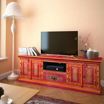 vidaXL Comodă TV, lemn masiv de mango, pictată manual, roz
