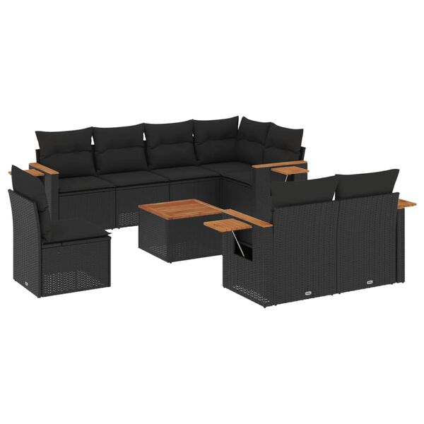 vidaXL Set mobilier de grădină cu perne, 9 piese, negru, poliratan
