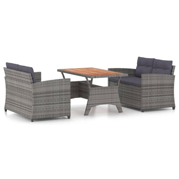 vidaXL Set mobilier de grădină cu perne, 3 piese, gri, poliratan