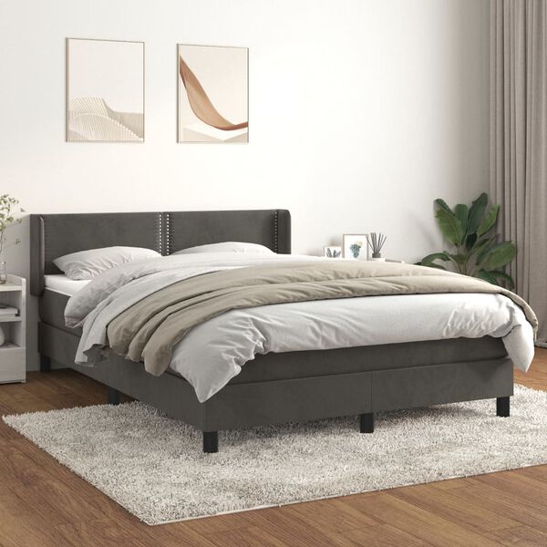vidaXL Pat box spring cu saltea, gri &icirc;nchis, 140x190 cm, catifea