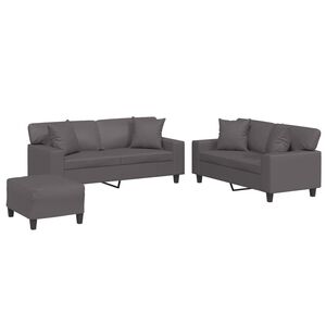 vidaXL Set de canapele cu perne, 3 piese, gri, piele ecologică