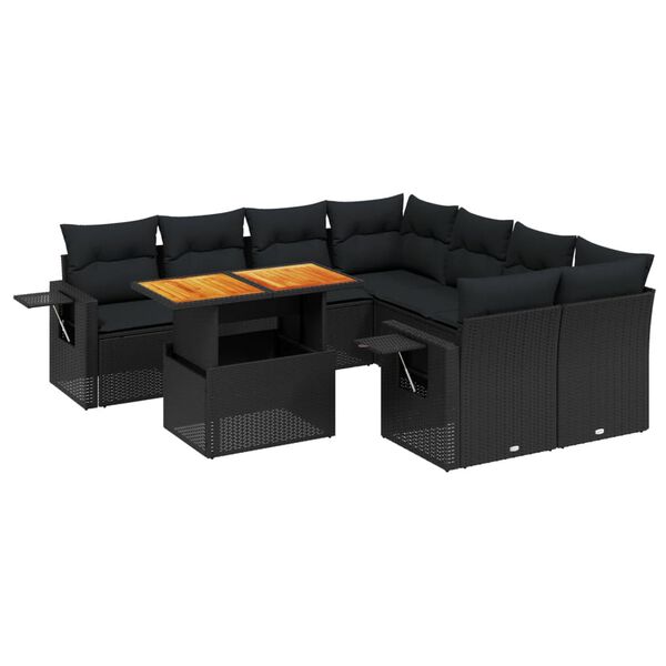 vidaXL Set mobilier de grădină cu perne, 9 piese, negru, poliratan