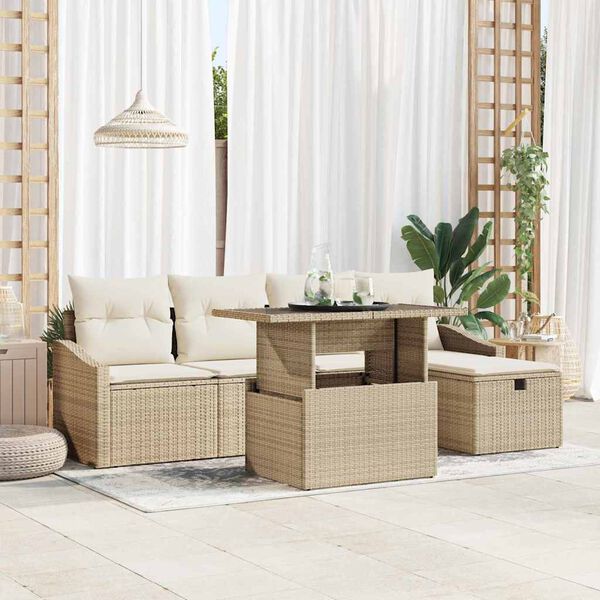vidaXL Set de canapele pentru grădină cu pernă 6 pcs Bej Rattan poli