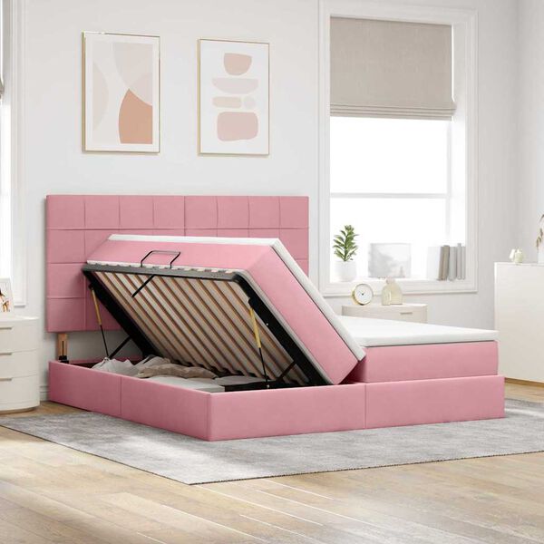 vidaXL Pat cu storage cu saltea cu headboard Roz 180 x 200 cm Catifea