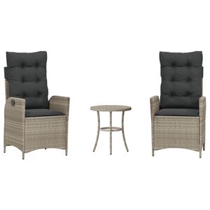 vidaXL Set bistro cu perne, 3 piese, gri deschis, poliratan