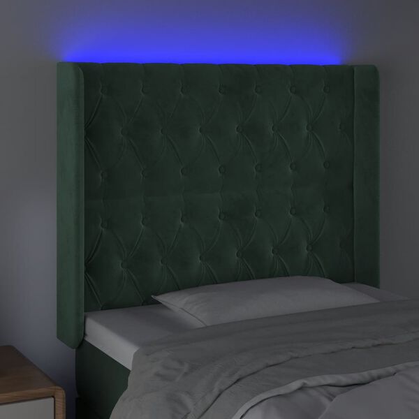 vidaXL Tăblie de pat cu LED, verde &icirc;nchis, 93x16x118/128cm, catifea