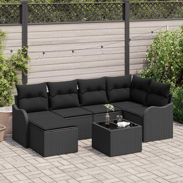 vidaXL Set de canapele pentru grădină cu pernă 7 pcs Negru Rattan poli