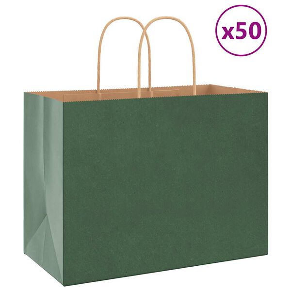 vidaXL Pungi de h&acirc;rtie 50 buc cu m&acirc;nere verde 32x17x25 cm