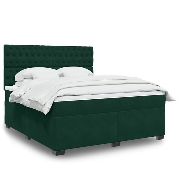 vidaXL Pat box spring cu saltea, verde &icirc;nchis, 180x200 cm, catifea