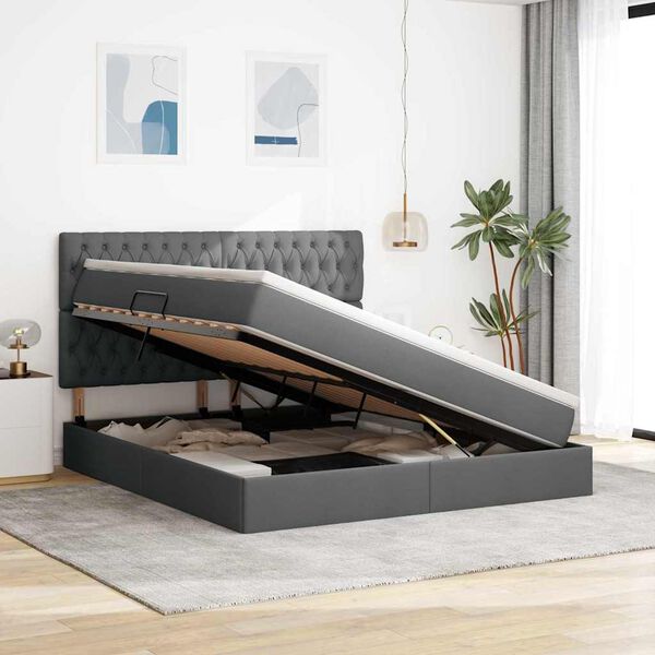 vidaXL Pat cu saltea și spațiu de depozitare Gri &icirc;nchis 180 x 200 cm