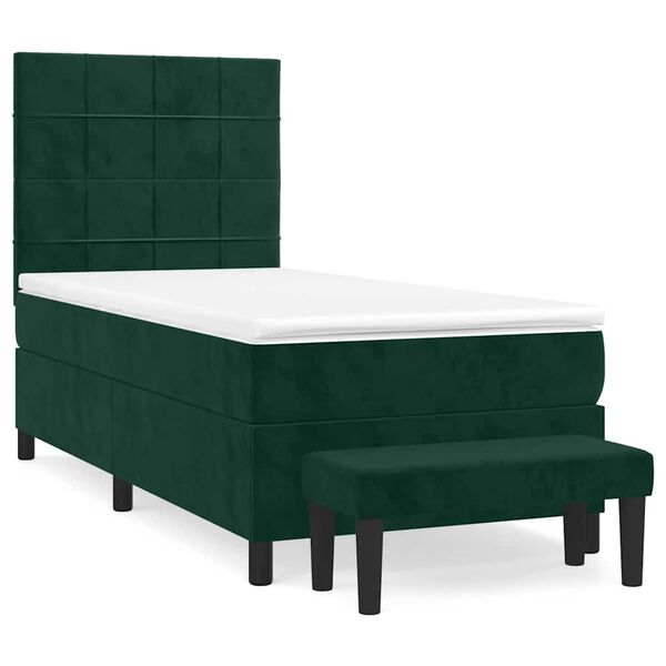 vidaXL Pat box spring cu saltea, verde &icirc;nchis, 90x190 cm, catifea