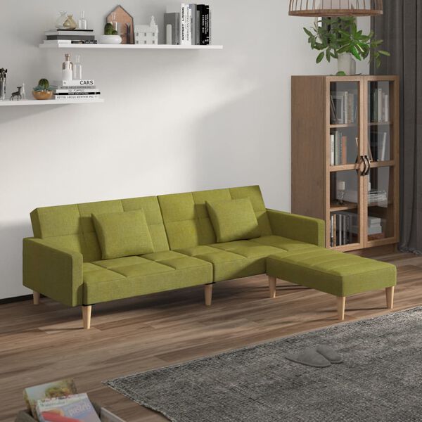 vidaXL Canapea extensibilă 2 locuri 2 perne/taburet, verde, textil
