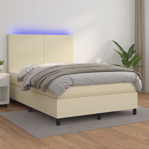 vidaXL Pat cu arcuri, cu saltea & LED, crem, 140x190 cm, piele eco