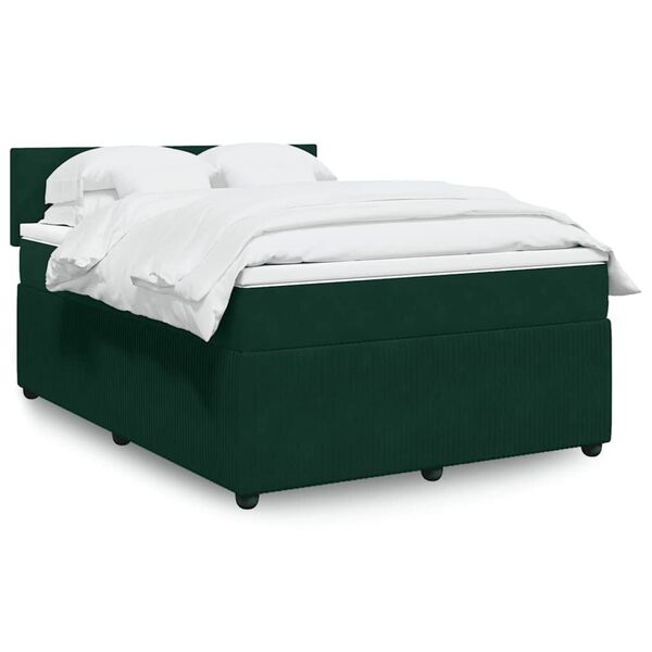 vidaXL Pat box spring cu saltea, verde &icirc;nchis, 140x190 cm, catifea
