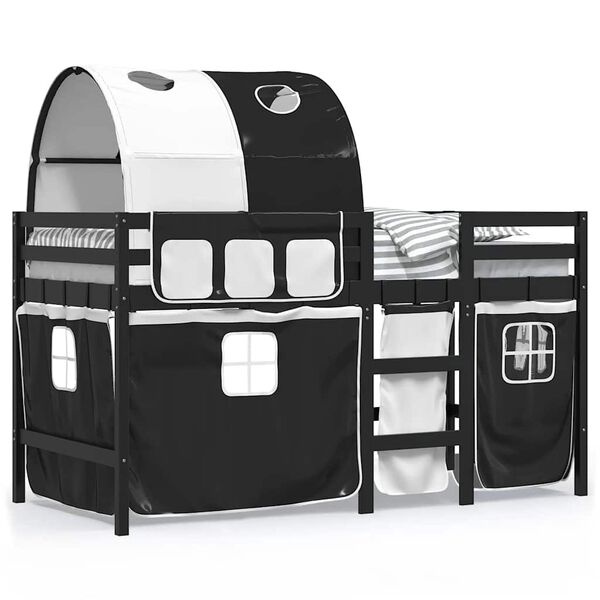 vidaXL Pat etajat de copii cu tunel alb/negru 80x200 cm lemn masiv pin