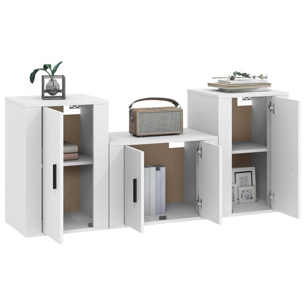 vidaXL Set comodă TV, 3 piese, alb, lemn prelucrat