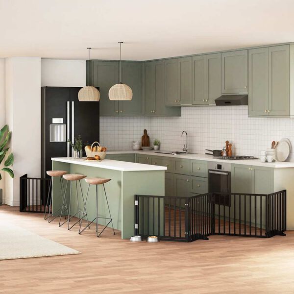 vidaXL Poartă c&acirc;ini pliabilă cu ușă 6 panouri negru, 480 cm, lemn plop