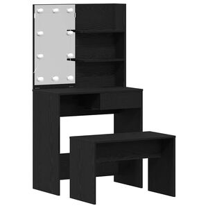 vidaXL Set masă de machiaj cu LED 2 buc. Stejar Negru Lemn prelucrat
