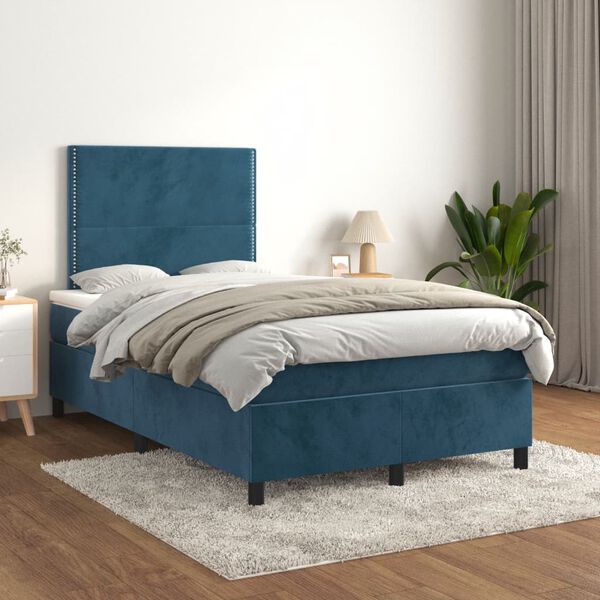 vidaXL Pat box spring cu saltea, albastru &icirc;nchis, 120x190 cm, catifea
