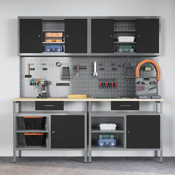 vidaXL Set banc de lucru cu sertar 8 pcs Negru 200 x 55 x 200 cm Oțel