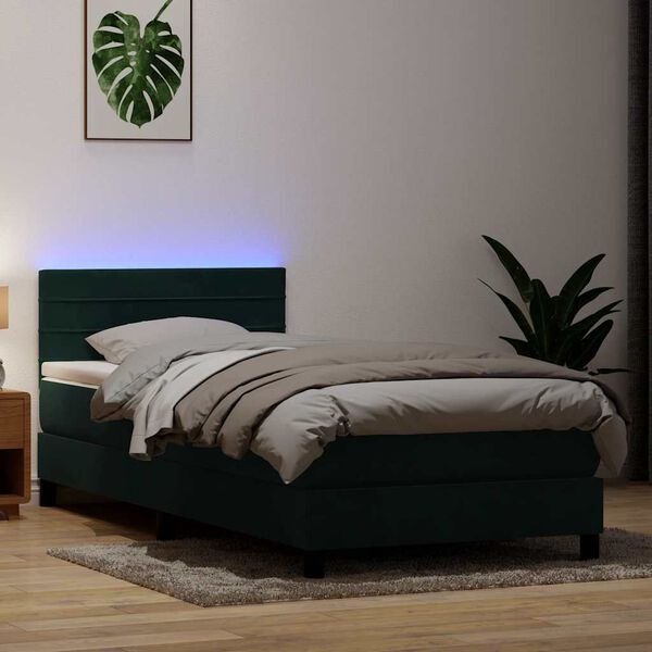 vidaXL Pat cu arcuri cu saltea și LED, verde &icirc;nchis, 100x220 cm, catifea