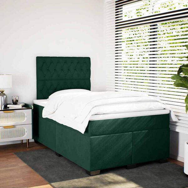 vidaXL Pat box spring cu saltea, verde &icirc;nchis, 120x200 cm, catifea