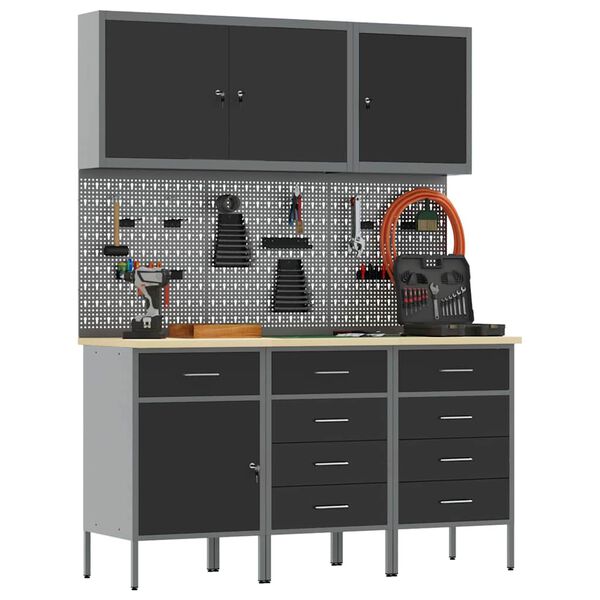 vidaXL Banc de lucru cu sertar 8 pcs Negru 150 x 55 x 200 cm Oțel