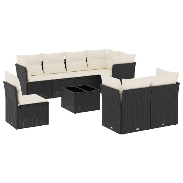 vidaXL Set mobilier de grădină cu perne, 9 piese, negru, poliratan