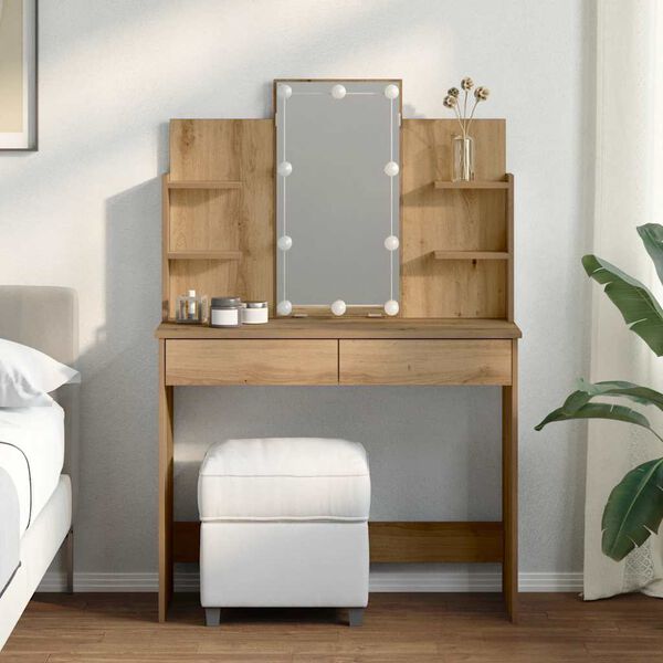 vidaXL Masă de toaletă cu LED-uri, stejar artizanal, 96x40x142 cm