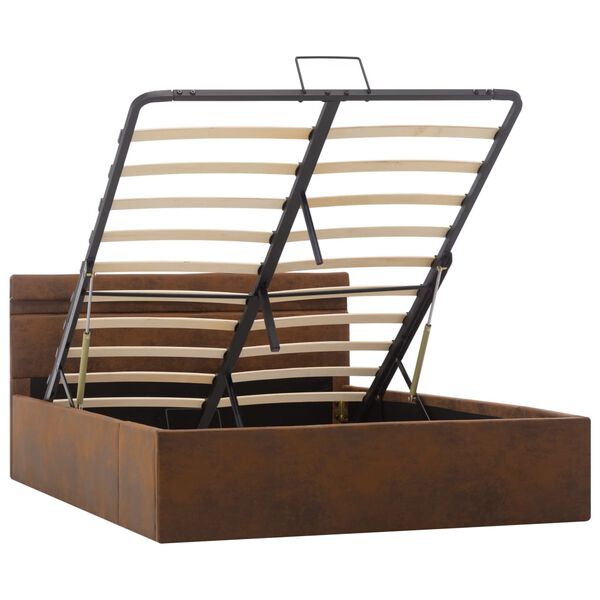 vidaXL Cadru pat hidraulic cu ladă și LED, maro, 120 x 200 cm, textil