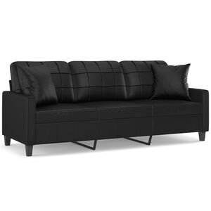 vidaXL Canapea cu 3 locuri cu pernuțe, negru, 180 cm, piele ecologică