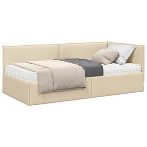 vidaXL Cadru de pat colțar cu saltea cu headboard 2 pcs Crem Catifea