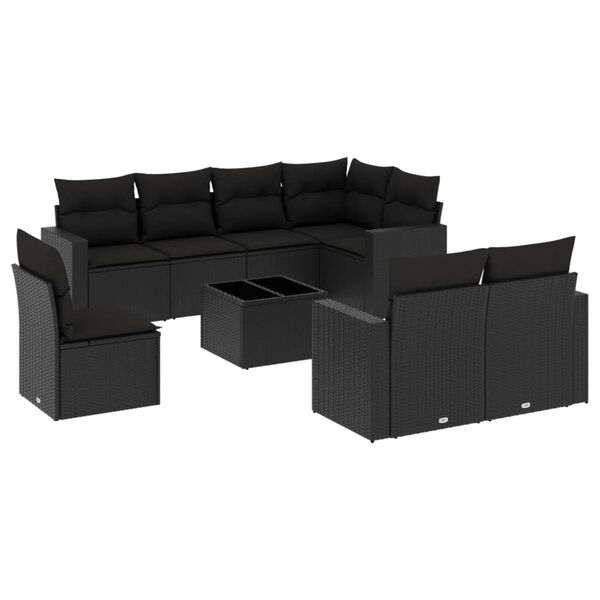 vidaXL Set mobilier de grădină cu perne, 9 piese, negru, poliratan