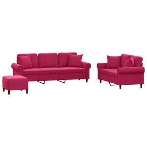 vidaXL Set canapele cu perne, 3 piese, roșu vin, catifea