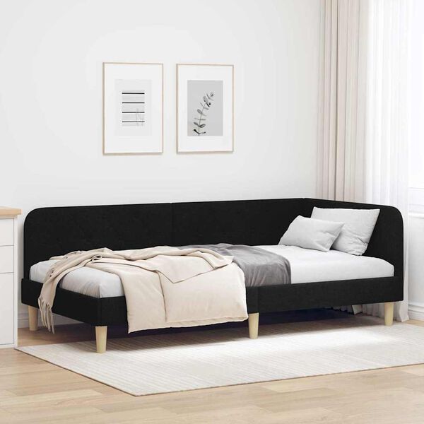 vidaXL Cadru de pat colțar cu headboard Negru 100 x 200 cm țesătură