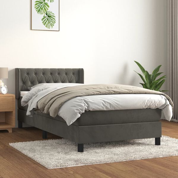 vidaXL Pat box spring cu saltea, gri &icirc;nchis, 90x200 cm, catifea