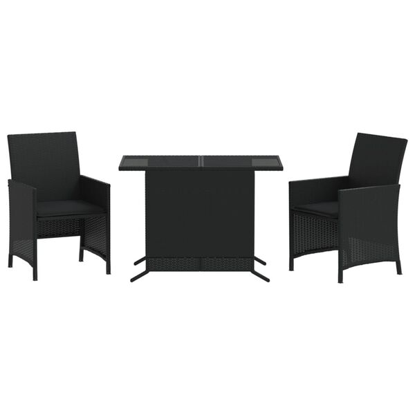 vidaXL Set bistro cu perne, 3 piese, negru, poliratan