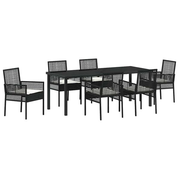 vidaXL Set de masă pentru grădină cu pernă 7 pcs Negru poliratan