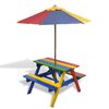 vidaXL Masă de picnic pentru copii cu bănci și umbrelă, lemn multicolor