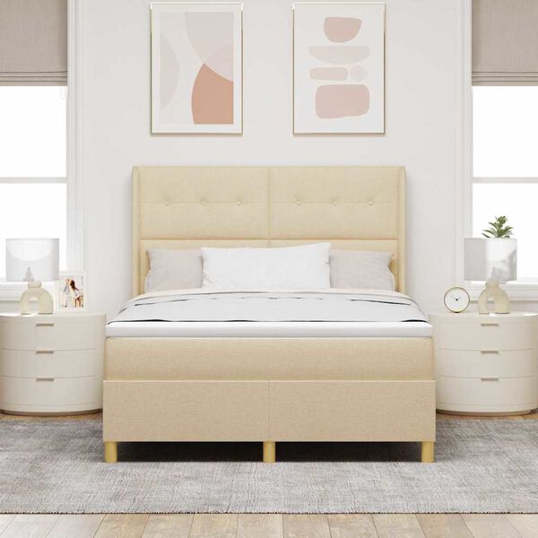 vidaXL Pat cu arcuri cu saltea cu headboard Crem 140 x 190 cm țesătură