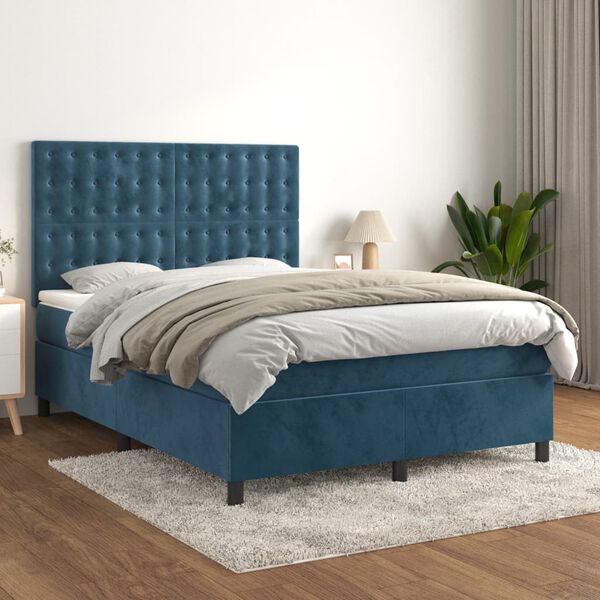 vidaXL Pat box spring cu saltea, albastru &icirc;nchis, 140x190 cm, catifea