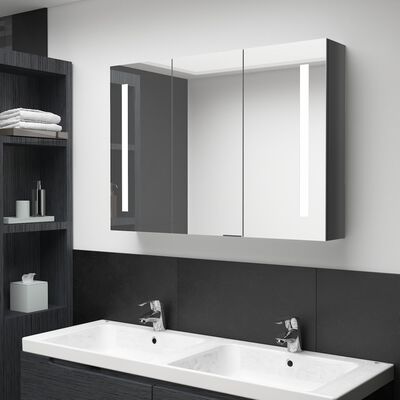 vidaXL Dulap de baie cu oglindă și LED, gri strălucitor, 89x14x62 cm