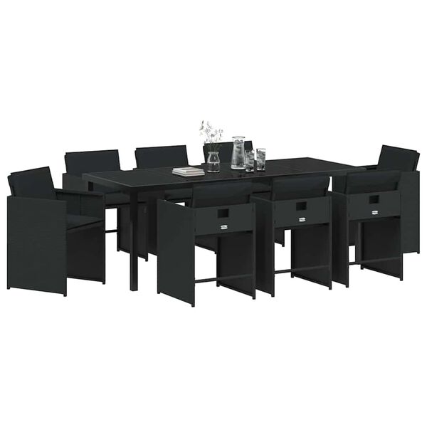 vidaXL Set de masă pentru grădină cu pernă 9 pcs Negru poliratan