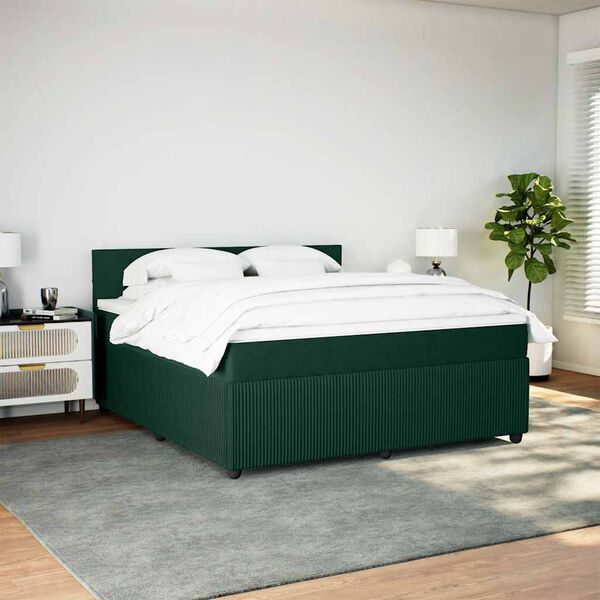 vidaXL Pat box spring cu saltea, verde &icirc;nchis, 180x200 cm, catifea
