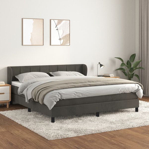 vidaXL Pat box spring cu saltea, gri &icirc;nchis, 180x200 cm, catifea